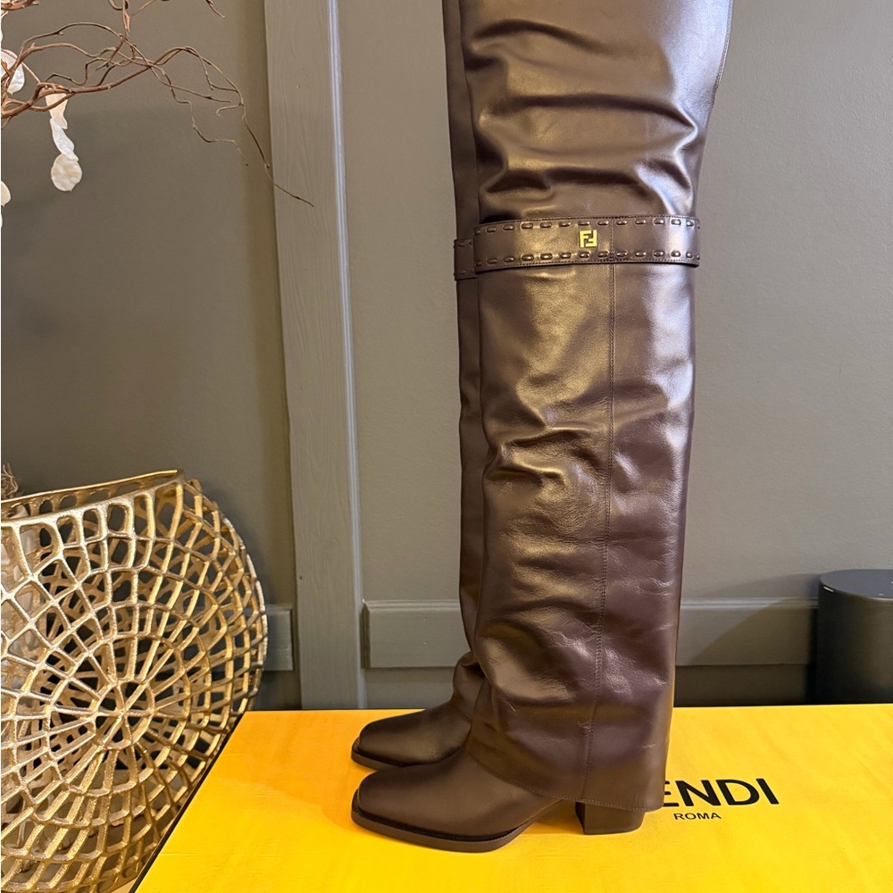 NEW IN BOX Fendi Moto Knee Boots – Deep Brown Leather (38.5 EU)